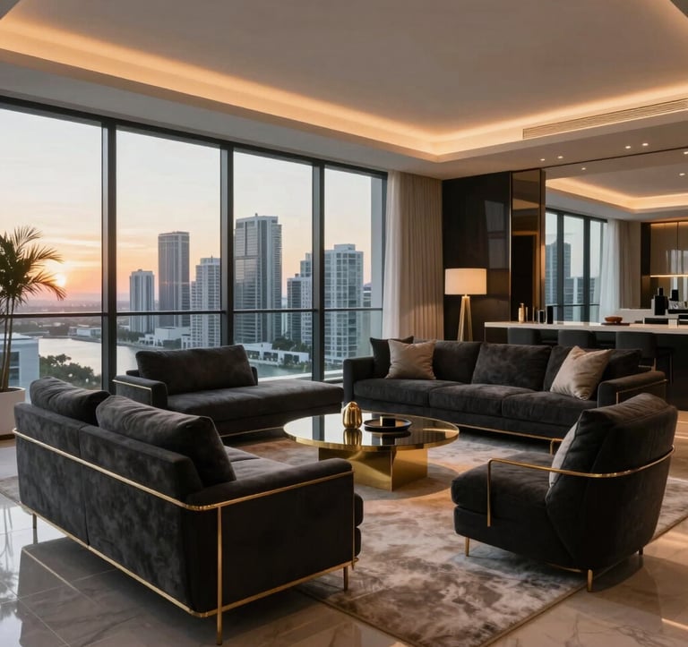 Interior of a luxury Miami penthouse featuring a modern living room with graphite black furniture, champagne gold accents, and floor-to-ceiling windows showing the city skyline at sunset.