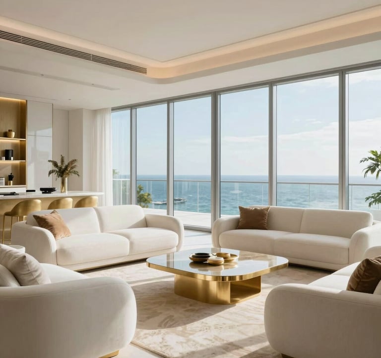 Interior view of a luxury modern living room in a Miami high-rise, floor-to-ceiling windows overlooking the water, minimalist design with champagne gold and warm white furniture, South American / Latino high-end lifestyle, clean lines, bright and airy photography.