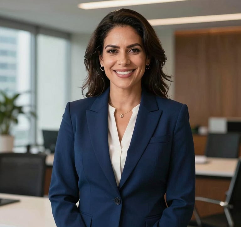 Professional portrait of a South American / Latino real estate advisor, a woman with a confident and empathetic smile, wearing a navy blue business suit, standing in a high-end Miami office.
