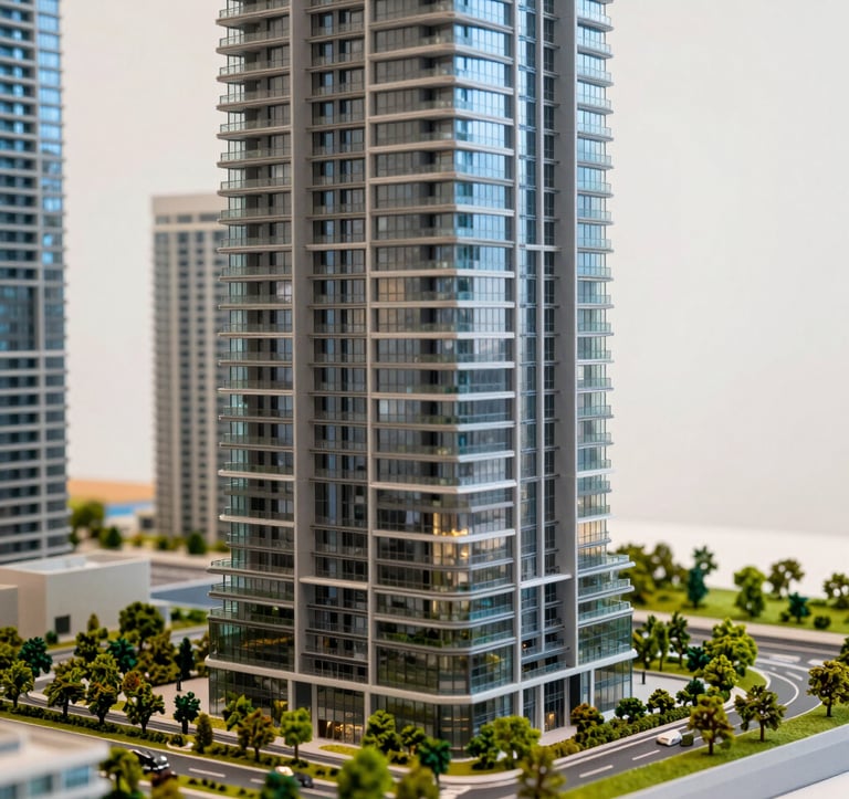 Close-up of a sophisticated architectural scale model of a modern Miami luxury skyscraper, highlighting glass textures and emerald green landscaping, set against a warm white background.