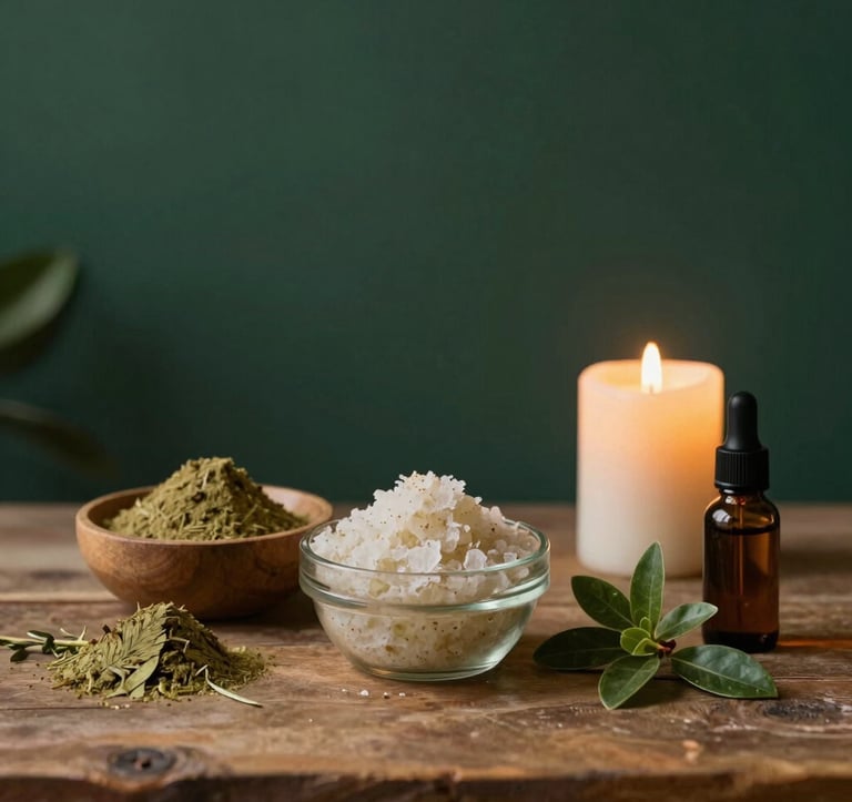 A serene treatment room setup showing natural body scrub ingredients like herbal powders and botanical oils on a rustic table in Bandung, West Java / Indonesia. Warm soft candle illumination, deep green backdrop.