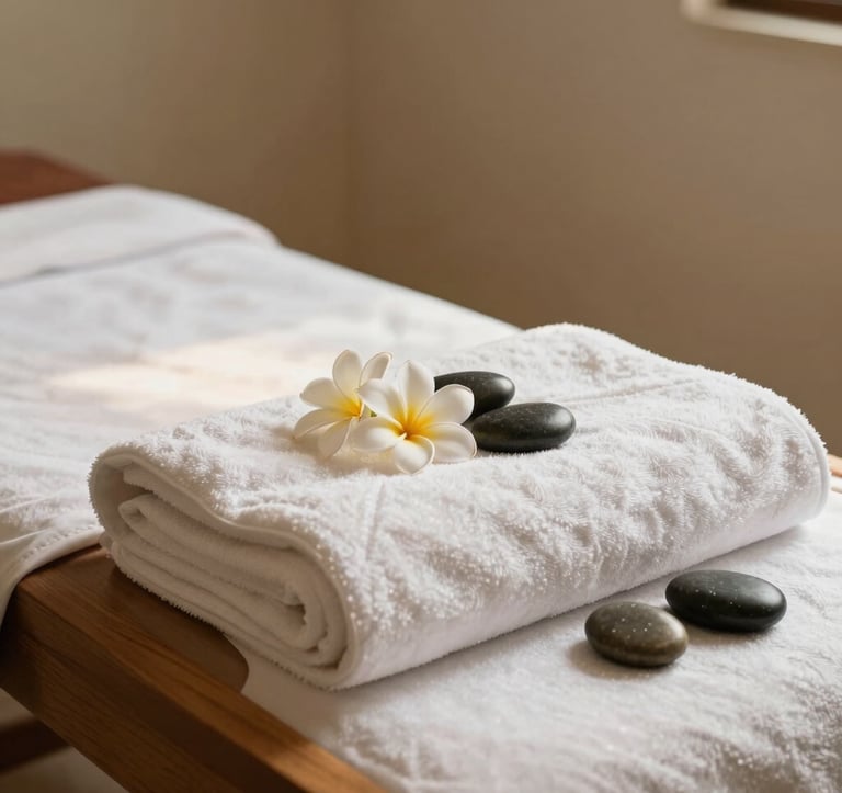 Close-up photography of a pristine massage setup in a spa treatment room in Bandung, West Java / Indonesia. A wooden treatment bed layered with off-white cotton towels, fresh tropical frangipani blossoms, and polished dark river stones, bathed in gentle warm morning light with soft beige wall tones.