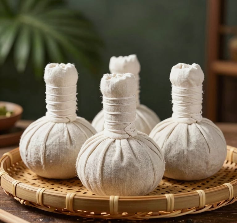 A detailed shot of traditional Indonesian herbal compress balls tied in off-white linen bags resting on a warm tan bamboo tray. Set in a serene therapy room in Bandung, West Java / Indonesia with medium forest green tropical plant shadows soft-focused in the background.