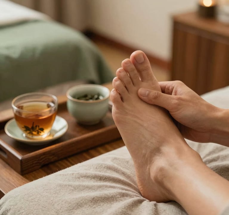 Close-up of a relaxing foot reflexology session in a calm spa room in Bandung, West Java / Indonesia. Warm wooden accents, organic herbal tea set on a tray, soft muted green and warm beige tones.