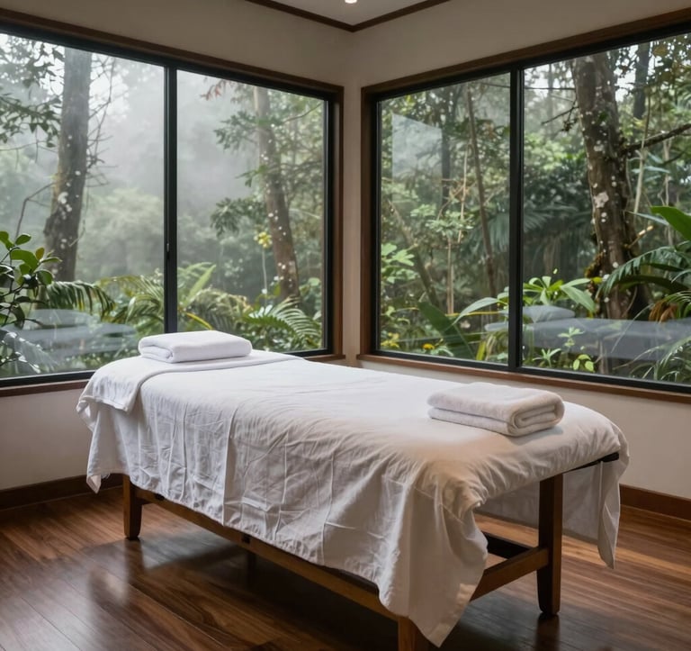 A tranquil indoor treatment room with large windows overlooking a misty forest in Bandung. The room features dark wood floors, off-white linen towels, and a single massage bed, captured in soft, organic natural lighting.