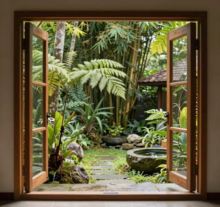 An interior perspective view looking towards an open wooden garden window at a wellness retreat in Bandung, West Java / Indonesia. Lush green tropical courtyard filled with fern leaves, bamboo trees, and calm stone water features, soft diffused sunlight pouring in.