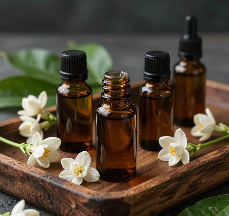Artistic shot of essential oil bottles made of dark glass on a rustic wooden tray, decorated with jasmine flowers and pandan leaves. The lighting is soft and moody, reflecting the tan and forest green palette.