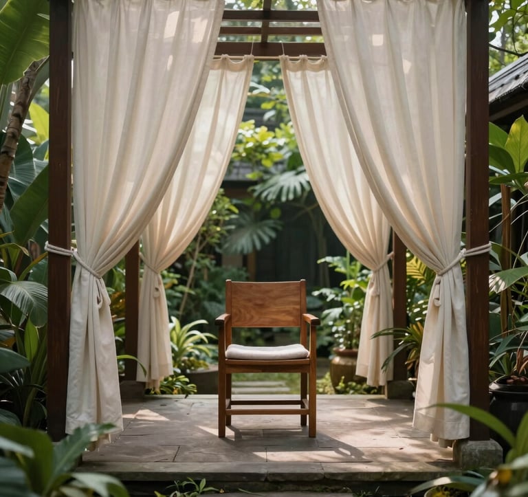 A serene outdoor reflexology area in a garden in Bandung, West Java. A stone pathway leads to a wooden chair surrounded by tropical plants and soft cream-colored curtains swaying in the breeze.