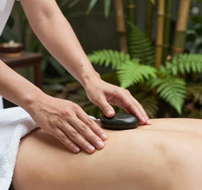 Close-up photography of a professional massage therapy session in a serene spa in Bandung, West Java. Hands are applying smooth, warm stones to a back. The background features blurred lush green ferns and bamboo, creating a botanical sanctuary feel.