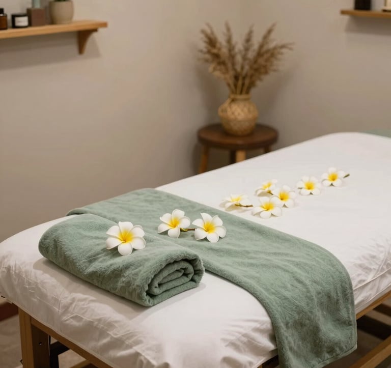 Tranquil treatment room interior in Bandung, West Java, Indonesia, featuring a massage table decorated with fresh frangipani flowers, sage green linen towels, and bamboo decor.