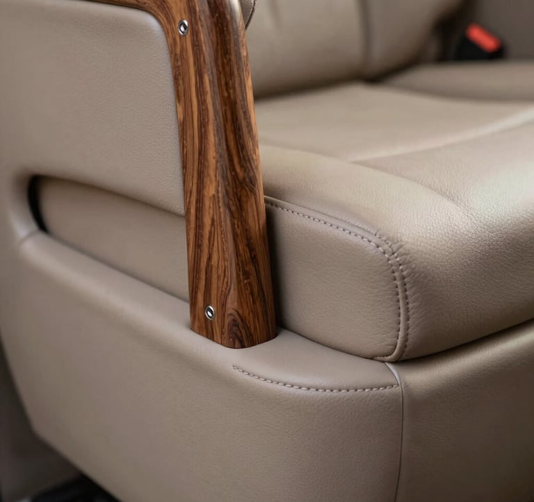 Macro shot focusing on the craftsmanship of a Deep Walnut Brown wood joint and Soft Taupe leather upholstery inside a Bullcamper van. Soft, natural lighting highlighting the premium textures.