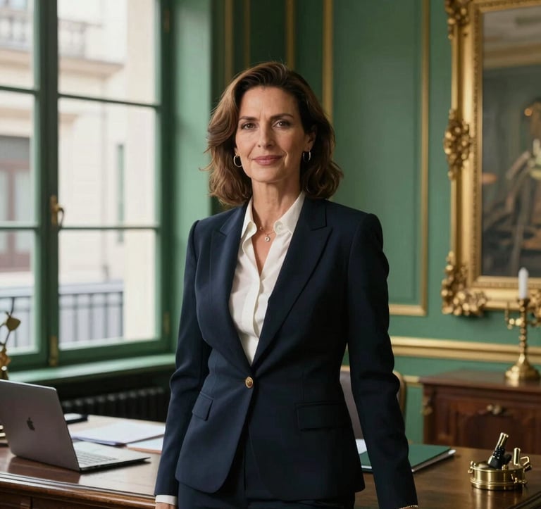 A professional portrait of a female real estate consultant in her 40s, looking sophisticated and friendly, in a Southern European / Spanish for Irish Clientele office with large windows. The interior features forest green accents and antique gold decor.