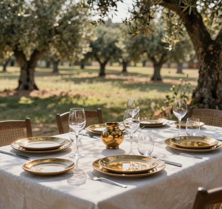 A beautifully arranged table for an al fresco lunch on a stone terrace, overlooking an olive grove in a Southern European / Spanish for Irish Clientele estate. Elegant glassware and Golden Bronze ceramic plates. Soft, dappled sunlight filtering through the trees.