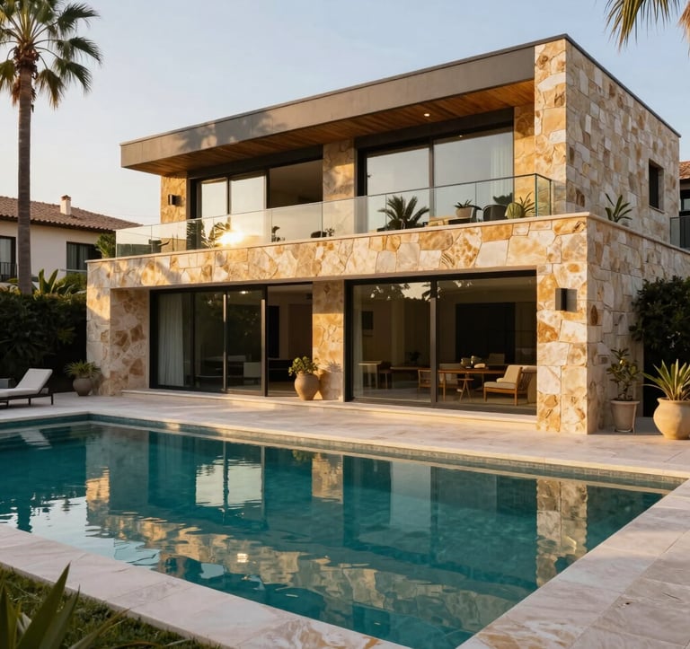 An eye-level exterior shot of a modern luxury villa in a prestigious Southern European / Spanish for Irish Clientele neighborhood. The house features stone walls in Golden Bronze and large glass panels. A pristine swimming pool reflects the Sage Green of the surrounding palm trees.