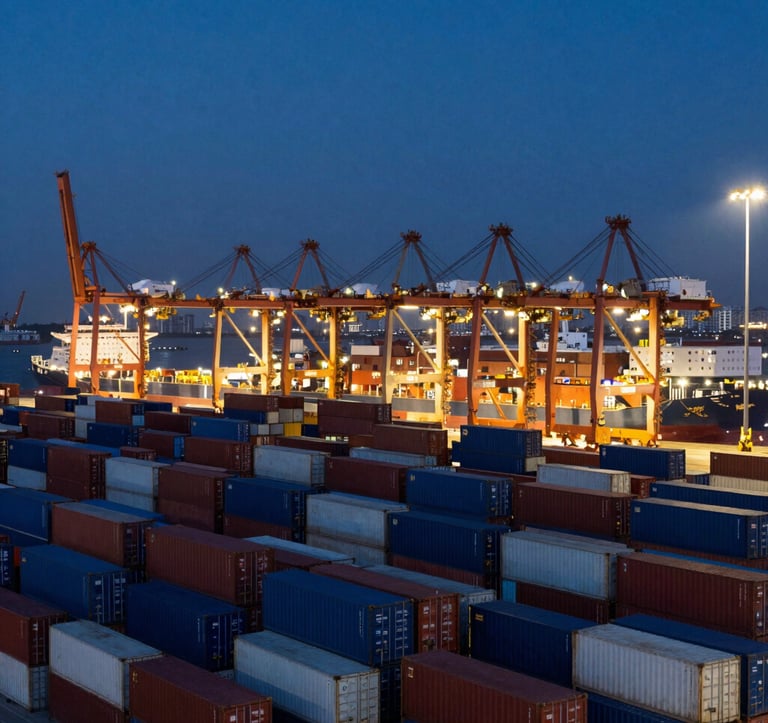 A professional corporate landscape showing a massive logistics port at night with rows of containers. The scene is dominated by dark navy blue tones with brilliant gold points of light from the cranes and ships.