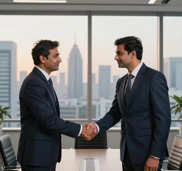 Two professional South Asian business executives in formal navy attire shaking hands in a high-end, minimalist boardroom. Large glass windows overlooking a modern Indian cityscape at sunrise.