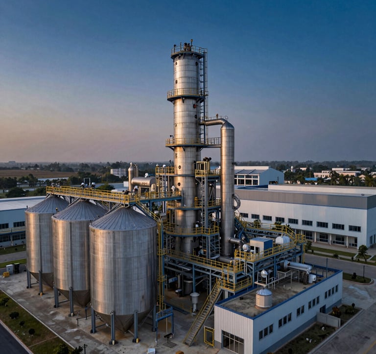 An aerial view of a state-of-the-art industrial processing facility in India at dawn. Sleek steel silos and modern architecture under a dark sapphire sky with hints of golden horizon light.