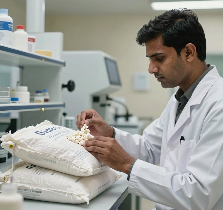 A professional South Asian / Indian technician in a modern, clinical quality-control laboratory, meticulously inspecting sacks of high-grade Guar Gum. The environment is sterile and high-tech, with soft beige lighting and gold accents on laboratory equipment.