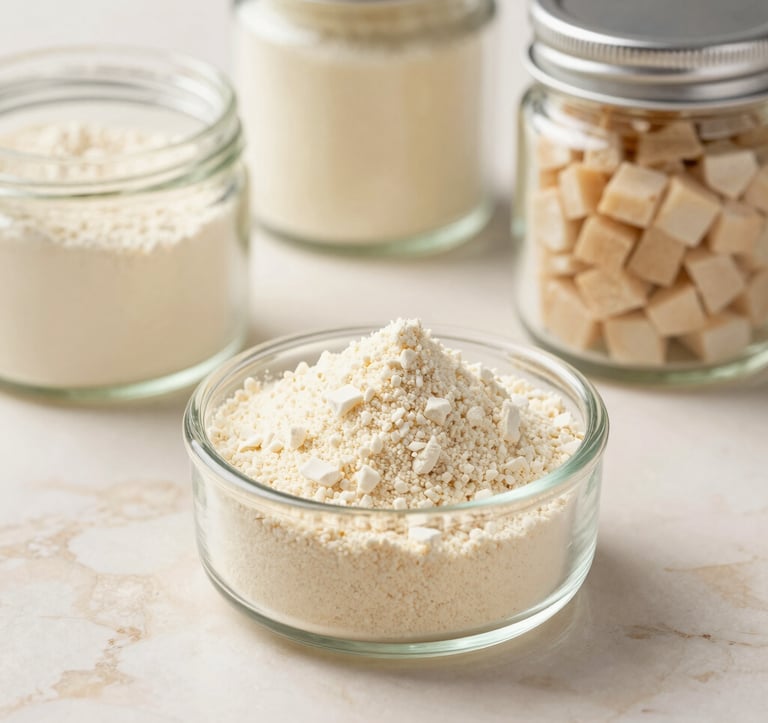 A premium macro shot of high-quality guar gum powder and food-grade ingredients in minimalist glass jars on a creamy ivory marble surface. Soft natural lighting, world-class corporate food photography.
