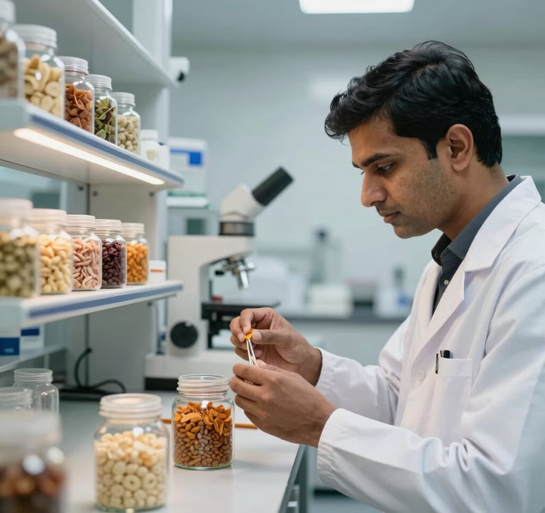 A high-end, clean-room laboratory setting where a professional in a modern South Asian / Indian facility is inspecting premium food ingredients. The lighting is bright and clinical, with subtle gold accents in the equipment to match the brand identity.