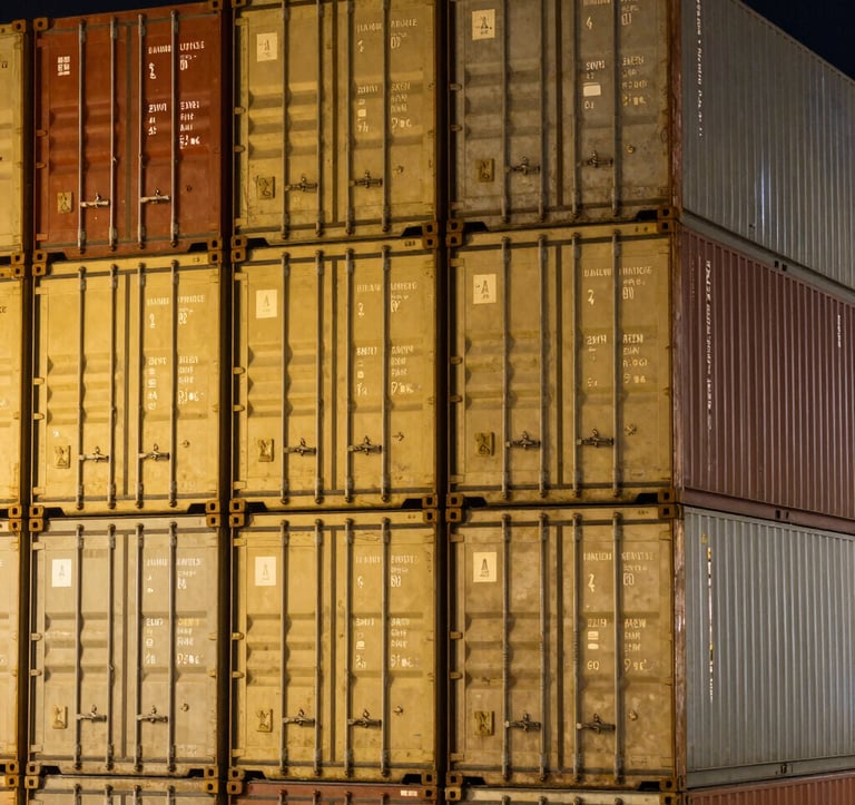 A close-up photograph of golden-lit shipping containers stacked neatly at a major Indian container port at night. The focus is on the precision and corporate efficiency of modern logistics.