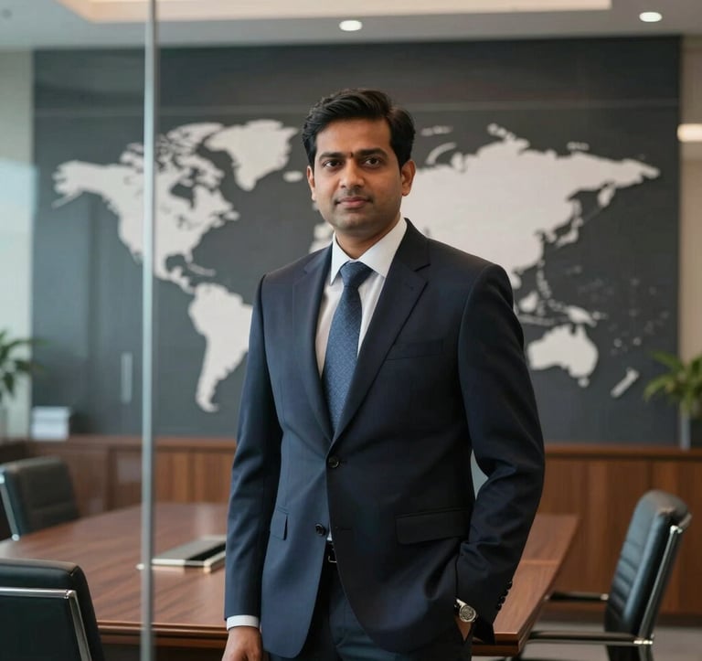 A professional South Asian / Indian executive in a sharp dark navy suit standing in a glass-walled boardroom. In the background, a world map is visible on a dark panel. The lighting is soft, professional, and corporate.