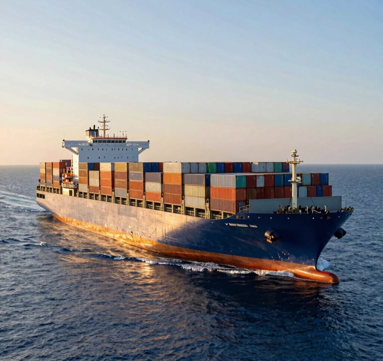 A massive cargo ship fully loaded with colorful containers, sailing across a calm deep-blue ocean at dawn. The morning sun casts a golden glow over the water, emphasizing the scale and reliability of global maritime trade.