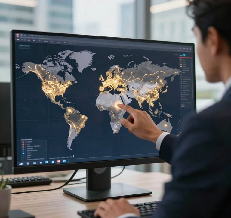 A sophisticated corporate office environment in a South Asian / Indian city. A professional is reviewing a digital world map on a sleek monitor, highlighting key trade routes in glowing gold lines against a dark navy background.