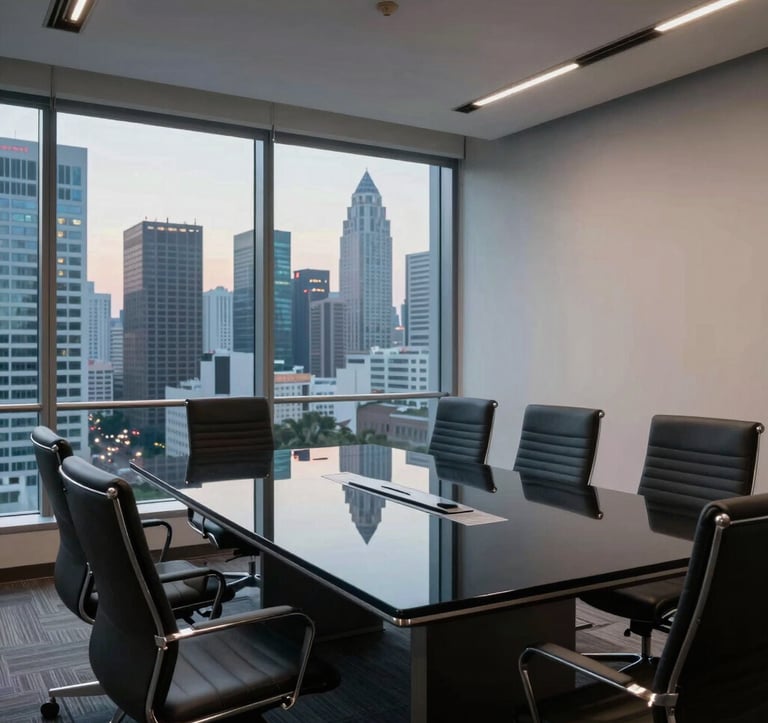 A sophisticated corporate boardroom setting in a South Asian / Indian metropolitan center. The room features a minimalist black glass table, sleek ergonomic chairs, and a large window overlooking a modern city skyline at dusk.