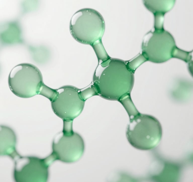Close-up macro photography of complex molecular bonds and translucent green structures, representing biotechnology and innovation, with a clean white and soft green palette, sophisticated lighting.
