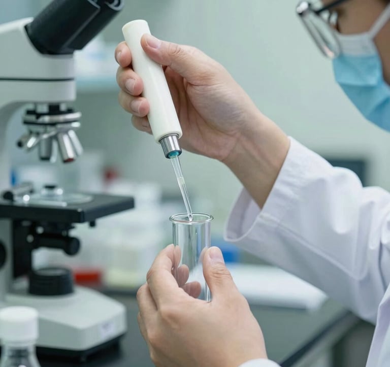 Close-up of a professional scientist's hands in a South American laboratory setting, precisely pipetting liquid into a clear glass vial, surrounded by modern equipment and soft green and white hues.