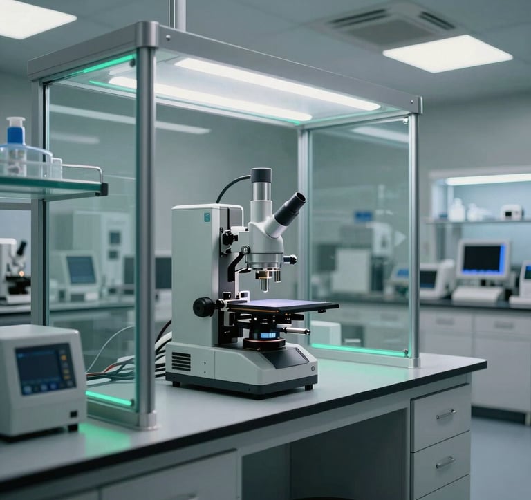 An ultra-modern Brazilian laboratory interior with sleek glass surfaces, stainless steel details, and subtle green glowing lines, showing high-tech analytical equipment in a professional setting.