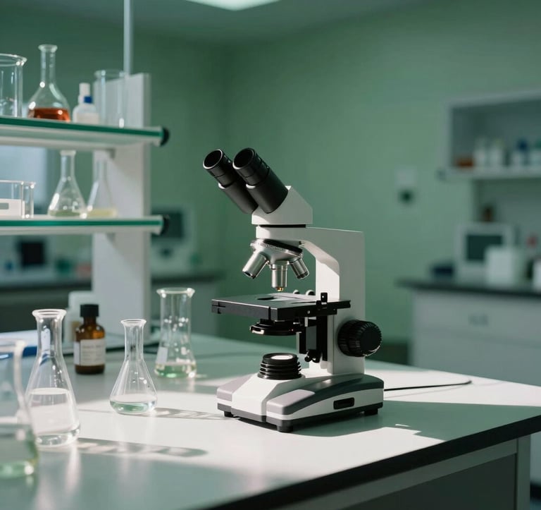 A minimalist photography of laboratory glassware and a microscope in a high-tech South American / Brazilian facility. Soft daylight hits the equipment, creating sharp shadows and highlighting the clean, emerald green accents of the room.