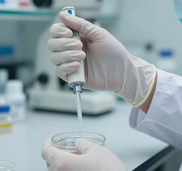 A close-up of a South American / Brazilian researcher's hand in a white glove, carefully holding a pipette over a transparent plate. The background is a blurred, high-tech lab with teal and white tones.