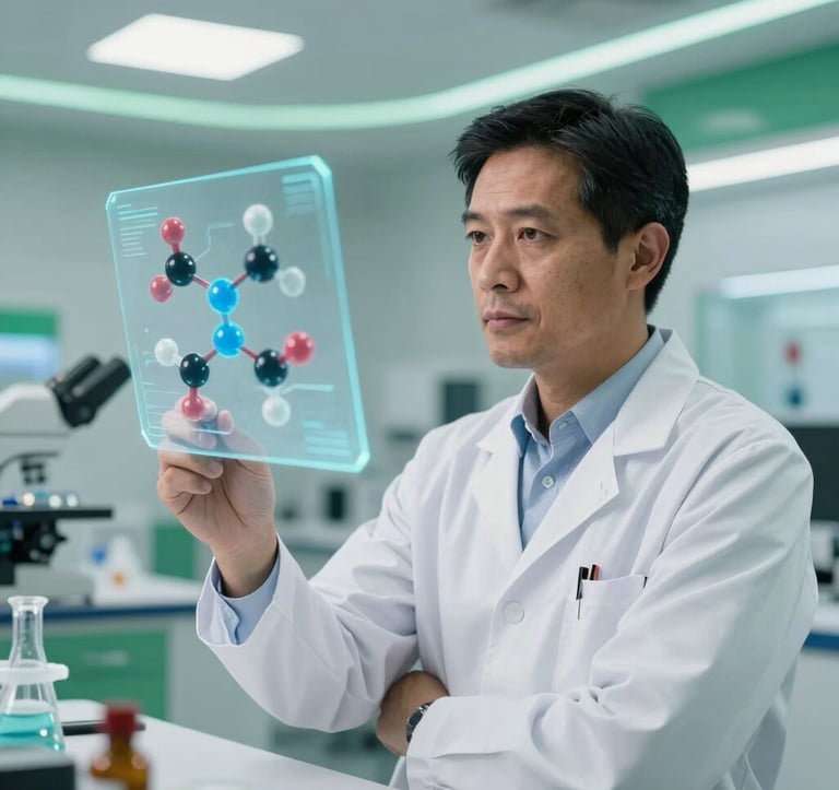 A professional South American scientist in white lab attire looking thoughtfully at a holographic representation of a complex molecule. The setting is a bright, modern biotechnology center with soft curves and professional green accents.