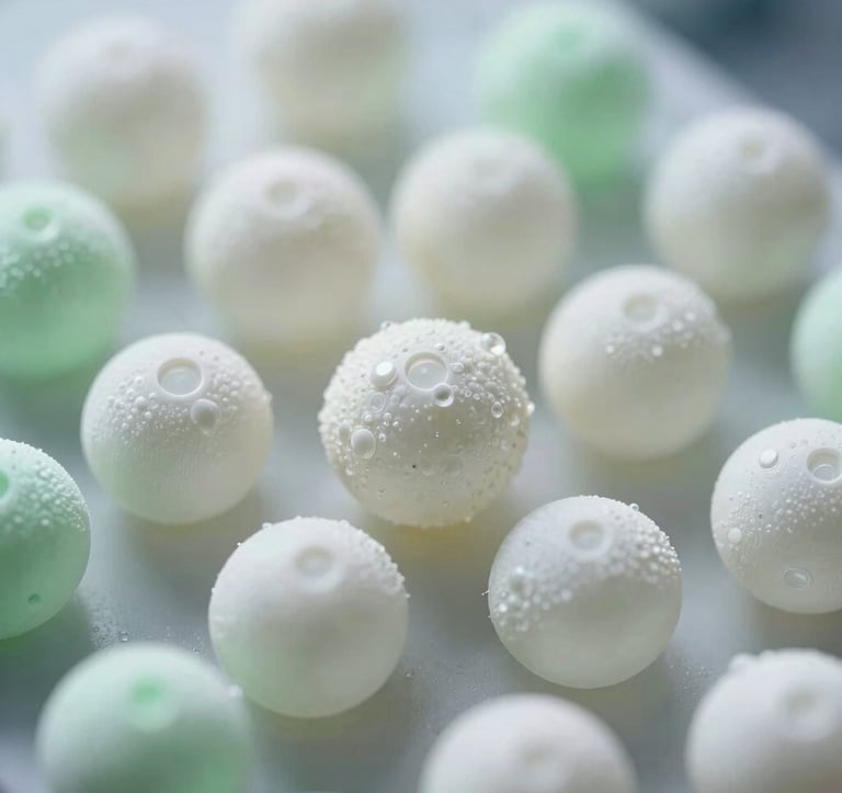 Macrophotography of elegant molecular structures or microscopic crystals, illuminated with soft white and light green lights, conveying a sense of purity, precision, and high-standard biotechnology.