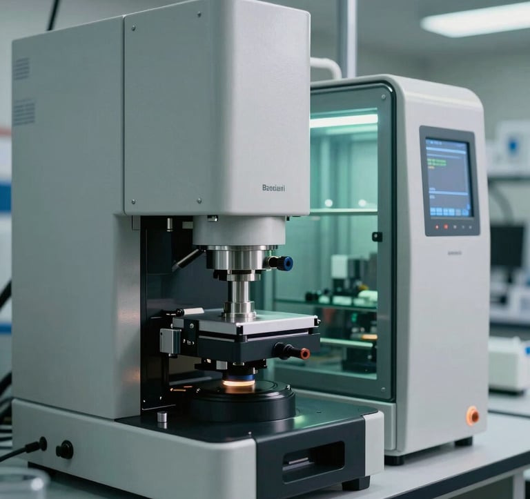 Modern precision laboratory equipment in a Brazilian research facility, featuring sleek metallic and glass textures with subtle green reflections, conveying scientific authority.
