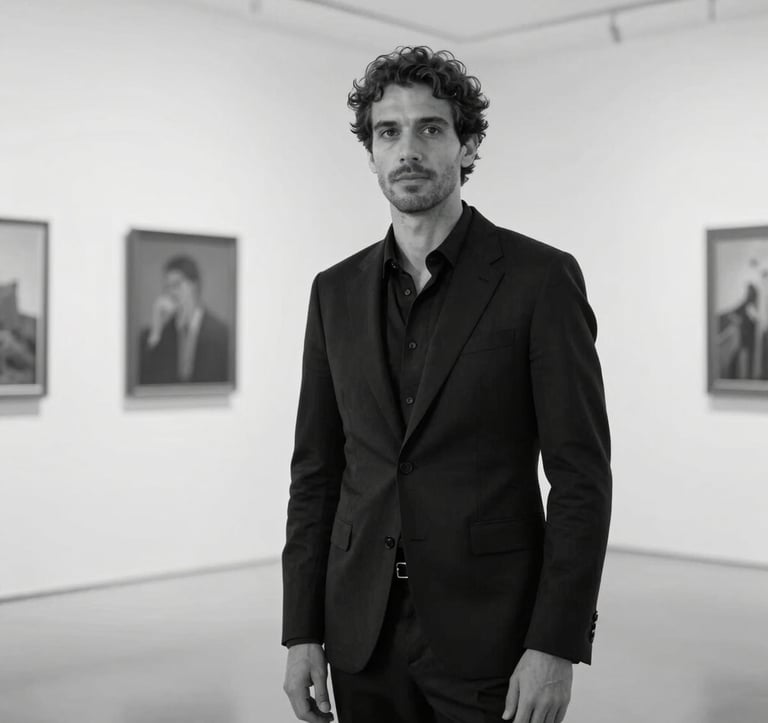 A sharp, professional portrait of a man in a tailored black blazer, standing in a bright, minimalist gallery-like space in Porto. The composition is clean and centered, conveying authority and European sophistication. Black and white photography.