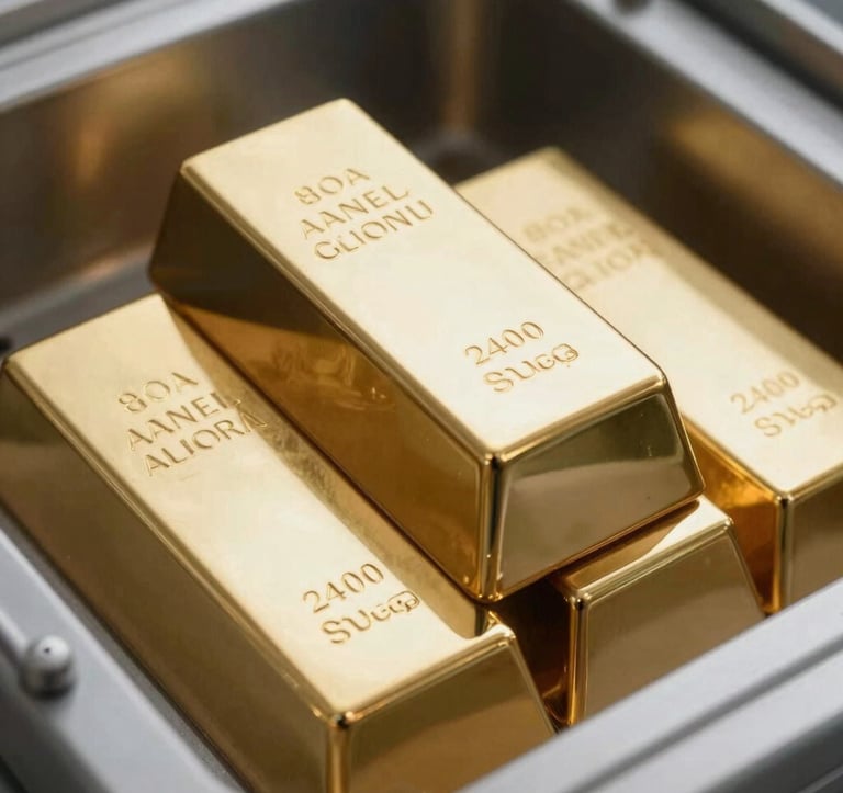 A close-up photograph of several stacked, 24-carat gold bars with a soft satin finish, reflecting soft light in a secure vault. The composition is elegant and minimal, featuring platinum grey and bright white highlights to emphasize purity and financial value.