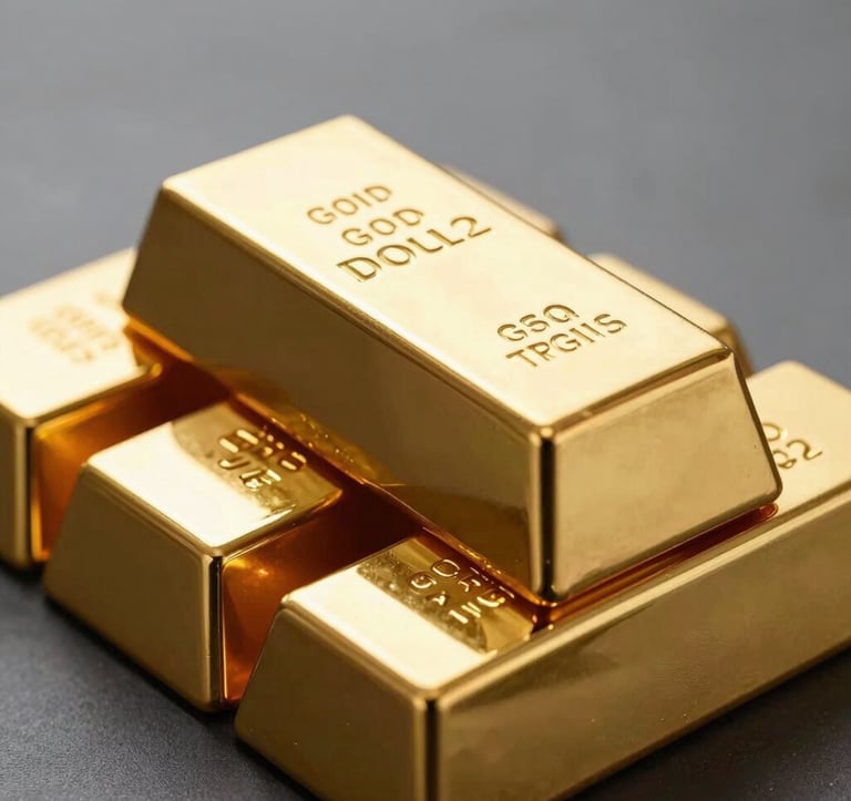 Macro photography of polished gold bars stacked in a neat, professional arrangement. The lighting creates a luxurious shimmer against a soft grey and deep charcoal background, conveying financial strength and absolute trust.