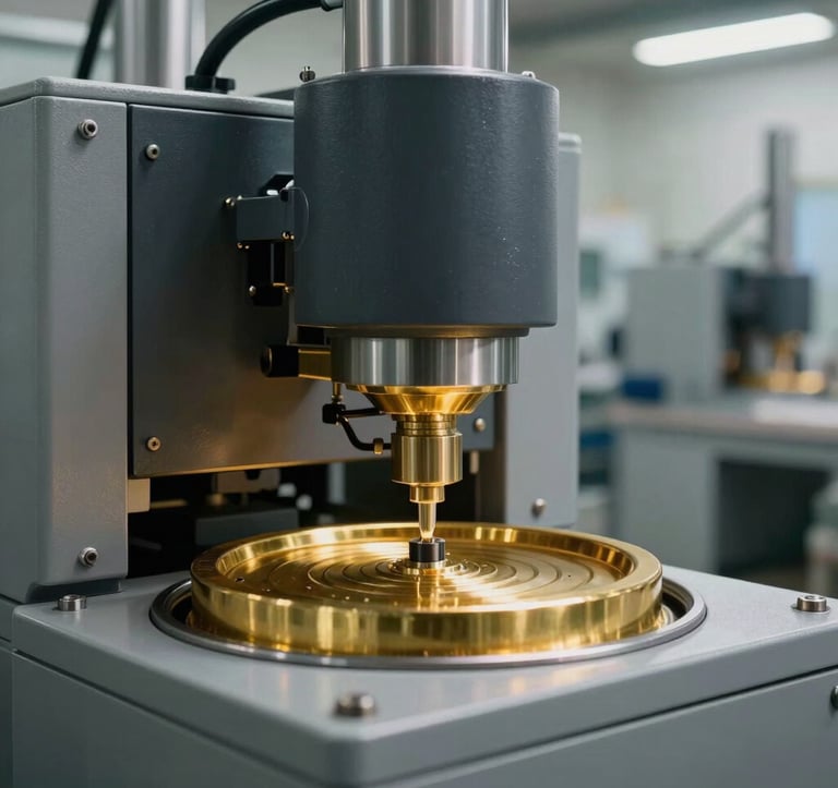 Clean, industrial photography of high-tech gold refining machinery within a modern facility in Bahrain. The scene features soft grey surfaces, deep charcoal details, and golden metallic reflections from the precision equipment.