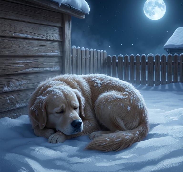 Golden Retriever dog sleeping in the snow outside a wooden cabin under a full moon night sky.