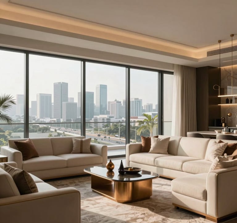 A wide-angle photograph of a luxury apartment living room in Noida. Floor-to-ceiling windows show the Expressway skyline. The interior features contemporary South Asian / Indian decor, cream-colored sofas, and bronze accents. Soft morning light, elegant and spacious feel, photography.
