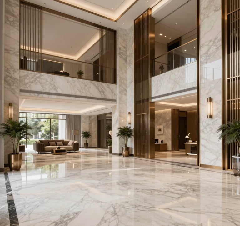 Interior photography of a luxury high-rise residential lobby in Noida. The space features polished off-white marble floors, elegant bronze accents, and minimalist South Asian decor. The lighting is soft and professional, creating an atmosphere of reliability and modern luxury.