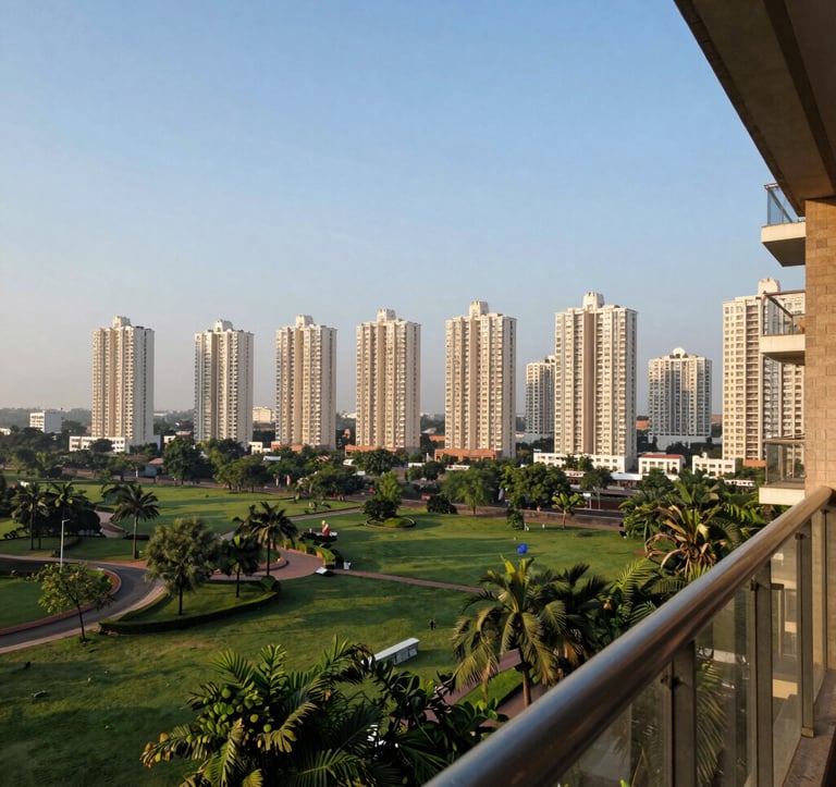 A breathtaking daytime view from a high-floor balcony of a luxury apartment in Greater Noida. The scene captures lush landscaped green parks below and a skyline of modern residential skyscrapers under a clear light blue sky. South Asian urban setting.