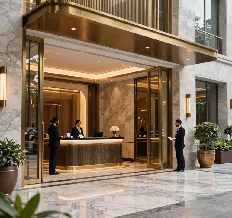 A close-up photograph of a luxury high-rise entrance and concierge lobby. Polished marble floors, brass accents, and professional staff in smart attire. The setting reflects a high-end South Asian / Indian corporate real estate environment.