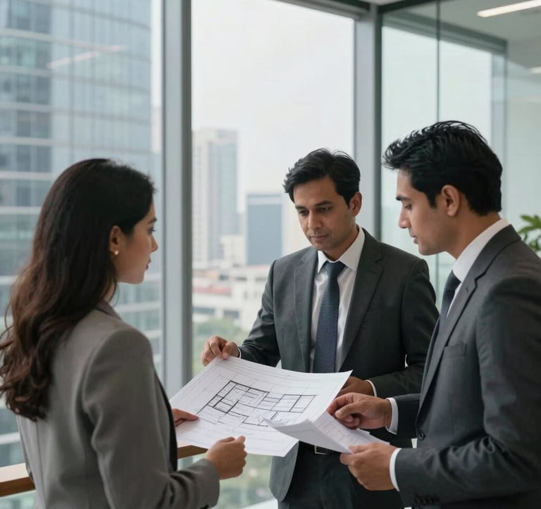 Professional photography of a real estate consultation in a sophisticated glass-walled office in Noida. A broker and a client are looking at architectural plans. The background shows a panoramic view of the city skyline. Professional business attire in a South Asian corporate context.