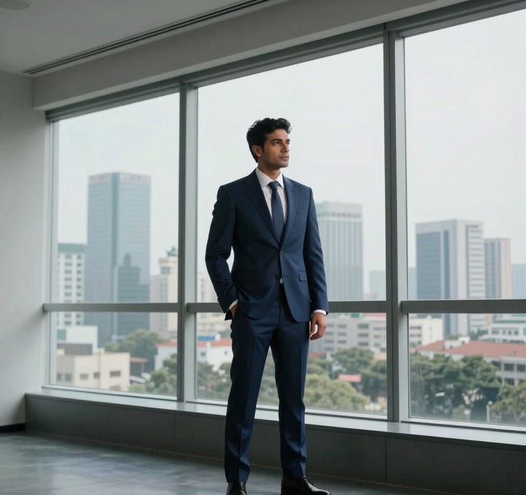 Professional architectural photography of a man in a tailored dark blue suit, standing inside a minimalist high-rise office. Through the large windows, the modern skyline of Noida is visible. South Asian / Indian context. Elegant lighting.
