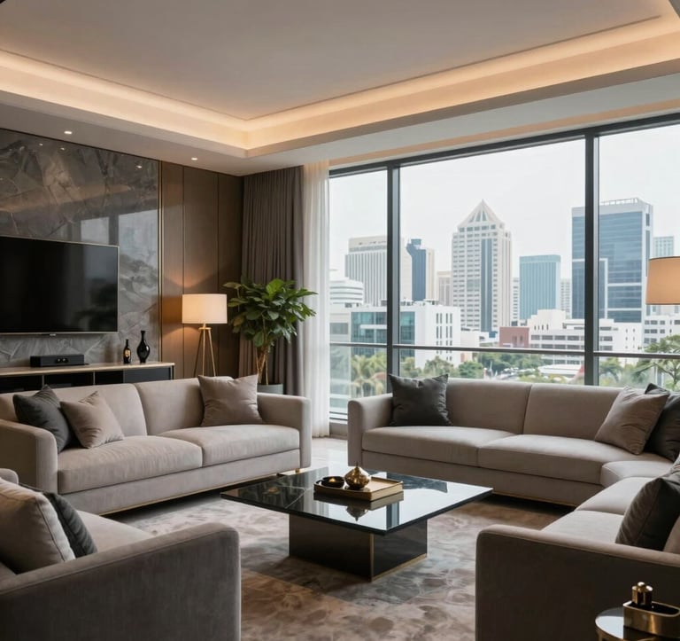 An interior shot of a luxury high-rise living room in Noida with floor-to-ceiling windows overlooking a modern cityscape. The room is decorated in a sophisticated palette of slate gray and off-white with South Asian / Indian contemporary accents and soft, warm lighting.