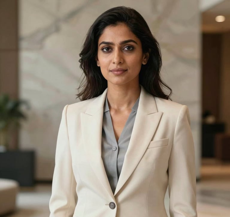 Professional studio portrait of a woman in sophisticated business attire, featuring a soft cream and slate grey palette. The background is a blurred high-end lobby with marble textures. South Asian / Indian context. Soft, flattering professional lighting.